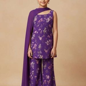 girls purple chiffon floral printed short kurta with palazzo