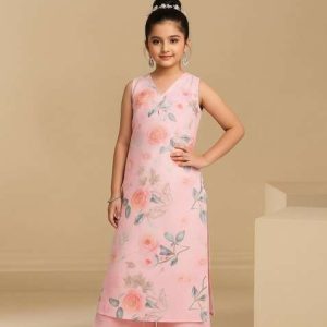 girls light pink chinon floral printed kurta set