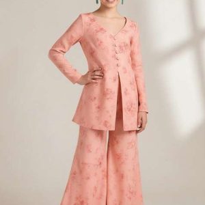 girls peach georgette floral printed fusion set