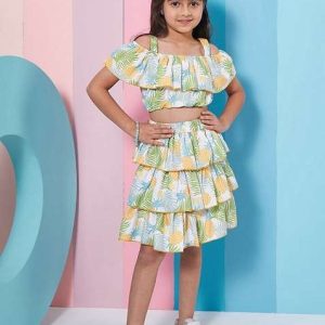 yellow printed poly rayon top with skirt (set of 2)