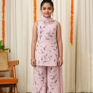 girls pink satin floral printed short kurta with palazzo