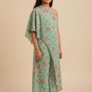 girls mint green floral printed fusion set