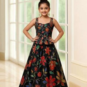 girls black organza embroidered lehenga set