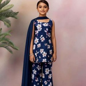 girls blue satin floral printed short kurta with plazzo