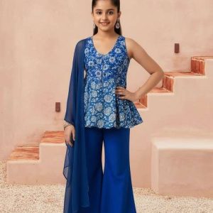 girls blue chinon floral printed short kurta with sharara set