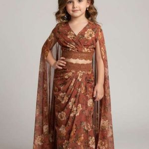 girls brown crepe floral printed fusion set