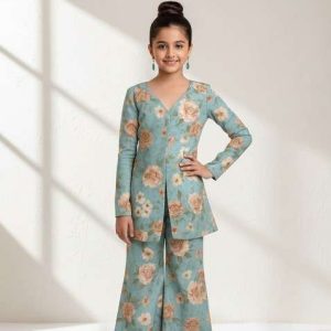 girls sky blue georgette floral printed fusion set