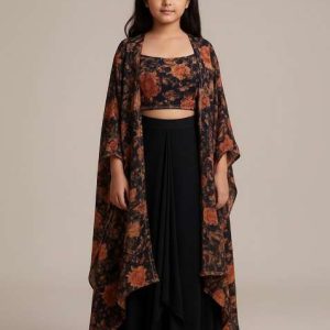 girls black georgette floral printed fusion set