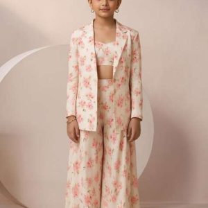 girls white satin floral printed fusion set