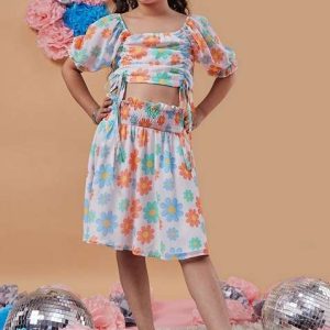 white printed georgette top with skirt (set of 2)