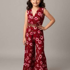 girls maroon georgette floral printed fusion set