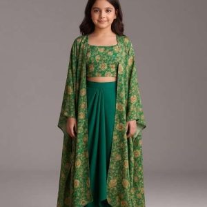 girls green polyester floral printed fusion set
