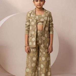 girls light brown satin floral printed fusion set