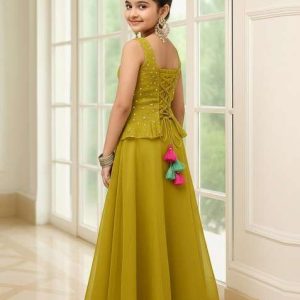 girls light green georgette embellished blouse lehenga set