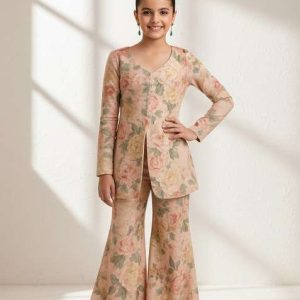 girls light pink georgette floral printed fusion set