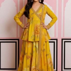 girls yellow chiffon floral printed fusion set