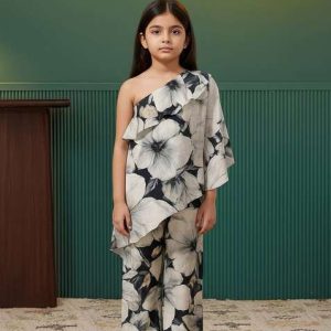 girls black and white satin floral printed fusion set
