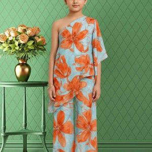 girls sky blue satin floral printed fusion set