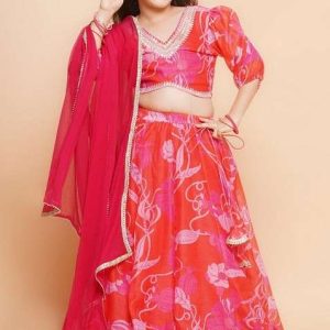 red and pink printed lehenga with blouse and dupatta (set of 3)