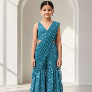 girls blue georgette embellished fusion set