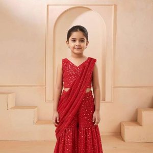 girls red georgette embellished fusion set