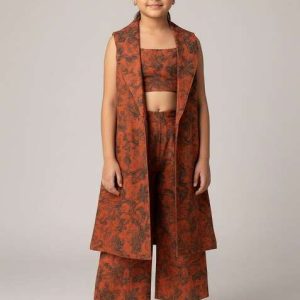 girls light brown silk floral printed fusion set