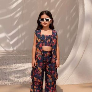 girls purple silk floral printed fusion set
