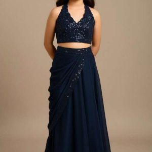 girls blue sequin silk lehenga set