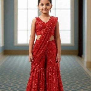 girls red georgette sequin fusion set