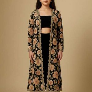 girls black velvet floral print fusion set