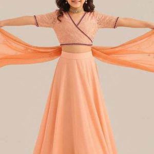 girls peach embroidered georgette sharara set