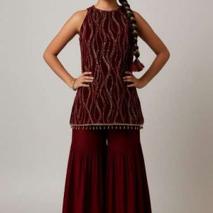 girls wine embellished net kurta set