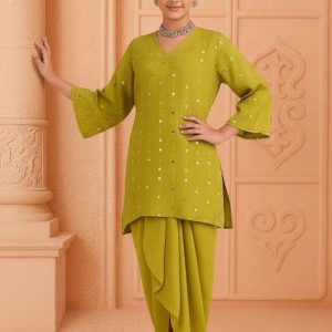 girls henna green embroidered georgette kurta set