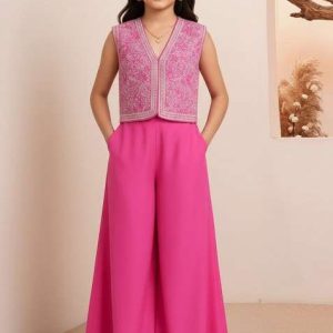 girls pink embroidered georgette sharara set