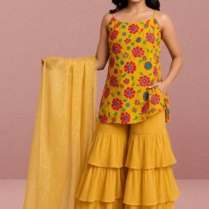 girls yellow floral print crepe kurta set
