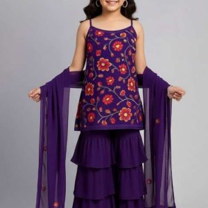 girls purple floral print crepe kurta set