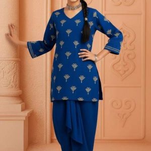 girls navy blue embroidered georgette kurta set