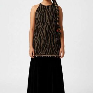 girls black sequin net kurta set