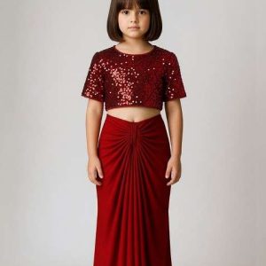 girls red georgette embroidered fusion set