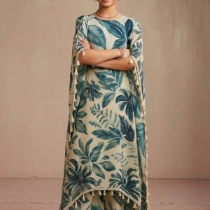 girls white leaf print satin kaftan set