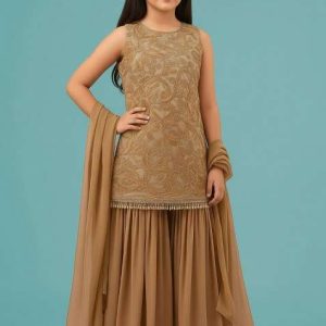 girls cream embroidered georgette sharara set