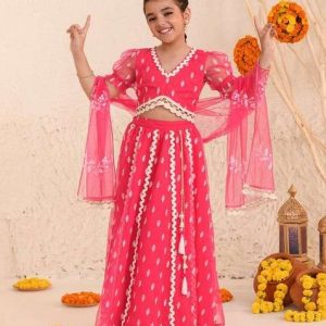 magenta embroidered lehenga with blouse with dupatta (set of 3)