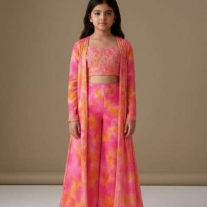 girls pink organza abstract printed fusion set