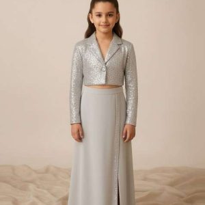 girls grey satin sequin jacket fusion set