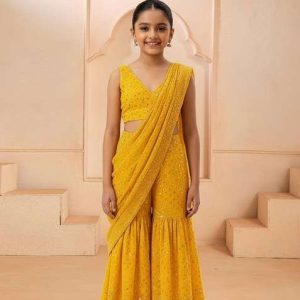 girls yellow georgette embellished fusion set