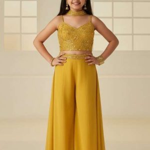 girls yellow sequin georgette fusion set