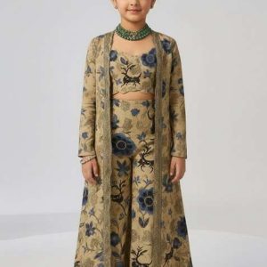 girls beige chiffon floral printed fusion set