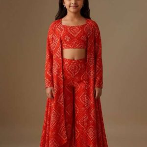 girls red organza bandhani printed fusion set