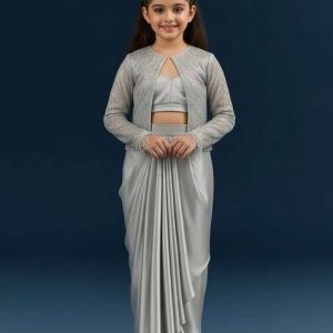 girls silver satin embellished jacket fusion set
