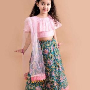 pink and green cotton lehenga with blouse with dupatta (set of 3)